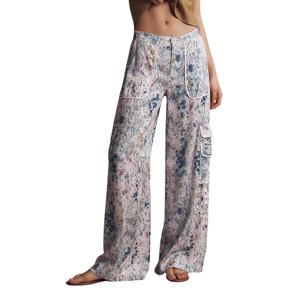 Anthropologie Pants Womens 6T Pink Blue Floral Palazzo Utility Wide‎ Leg Cargo
